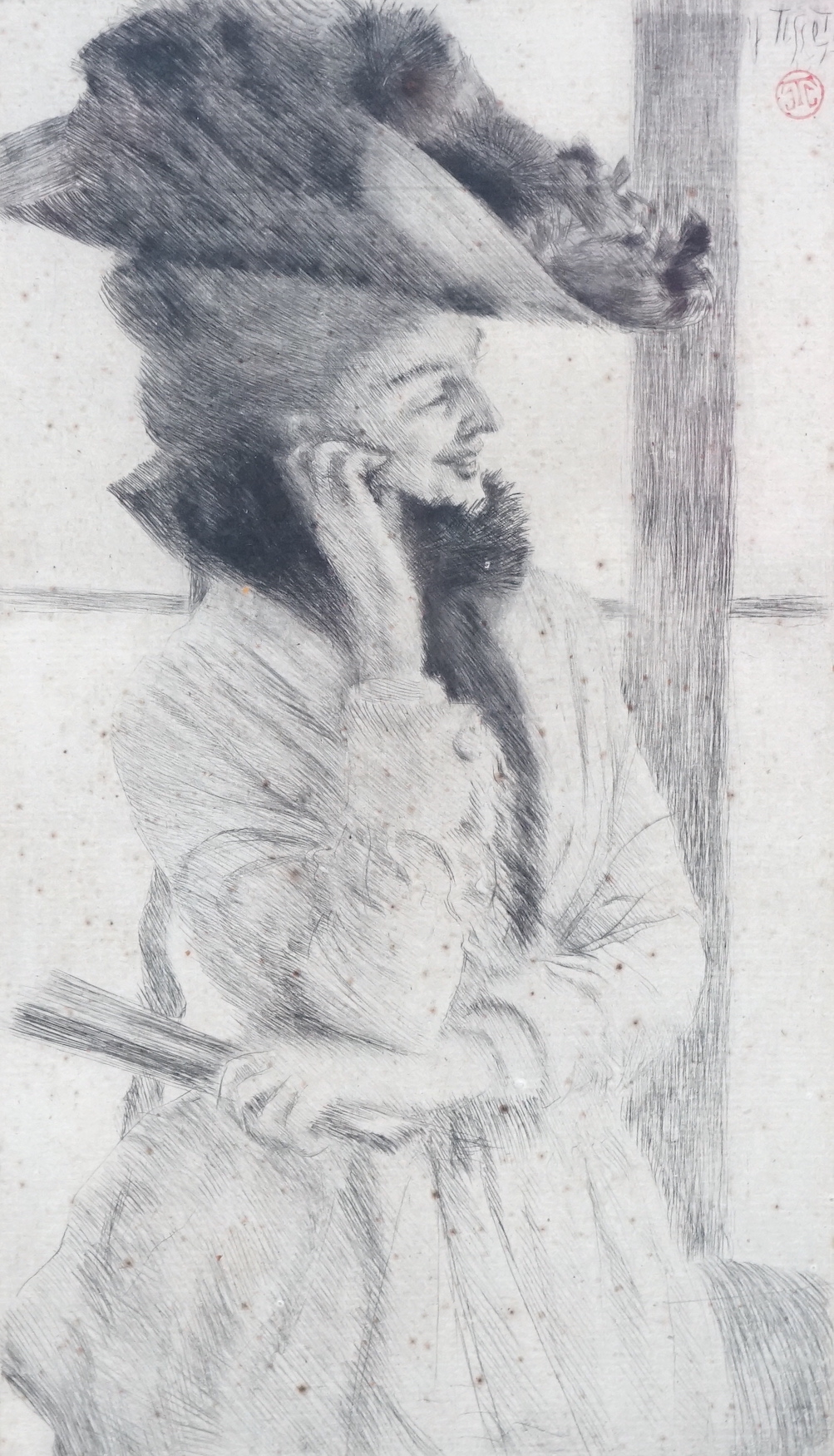 James Jacques Tissot (French, 1836-1902), 'A la fenêtre [At the Window]', [Wentworth 9], drypoint etching on laid paper, 1877, 19 x 10.75cm
